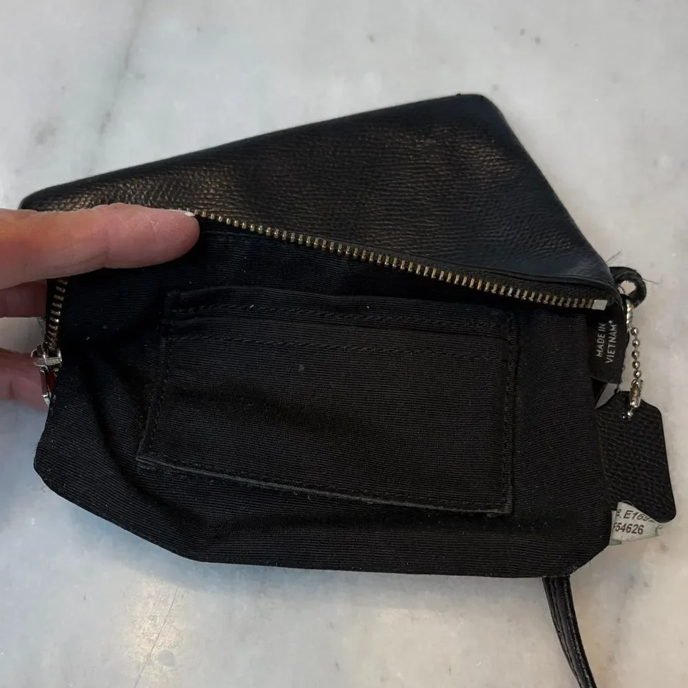 Coach Wristlet Bag Purse Leather Cross Grain Textured Black Pouch Clutch Wallet